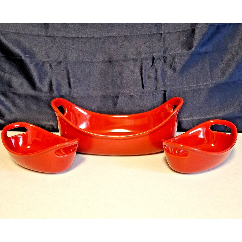 Rachael Ray Red Stoneware Glazed Au Gratin Dish Set 1.25 Qt, 2- 12 Oz H016S Trio
